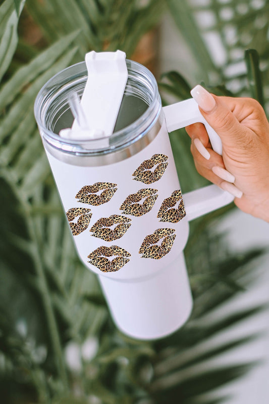 White Leopard Lips Print Thermos cup with straw 1200ml