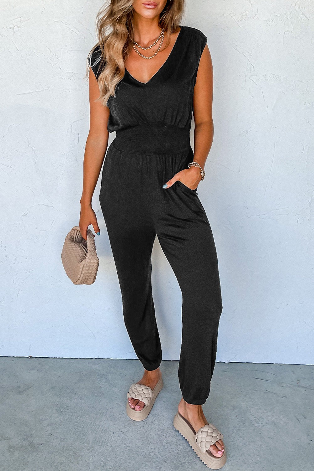 Black Shirred High Waist Sleeveless B Neck Jumpsuit