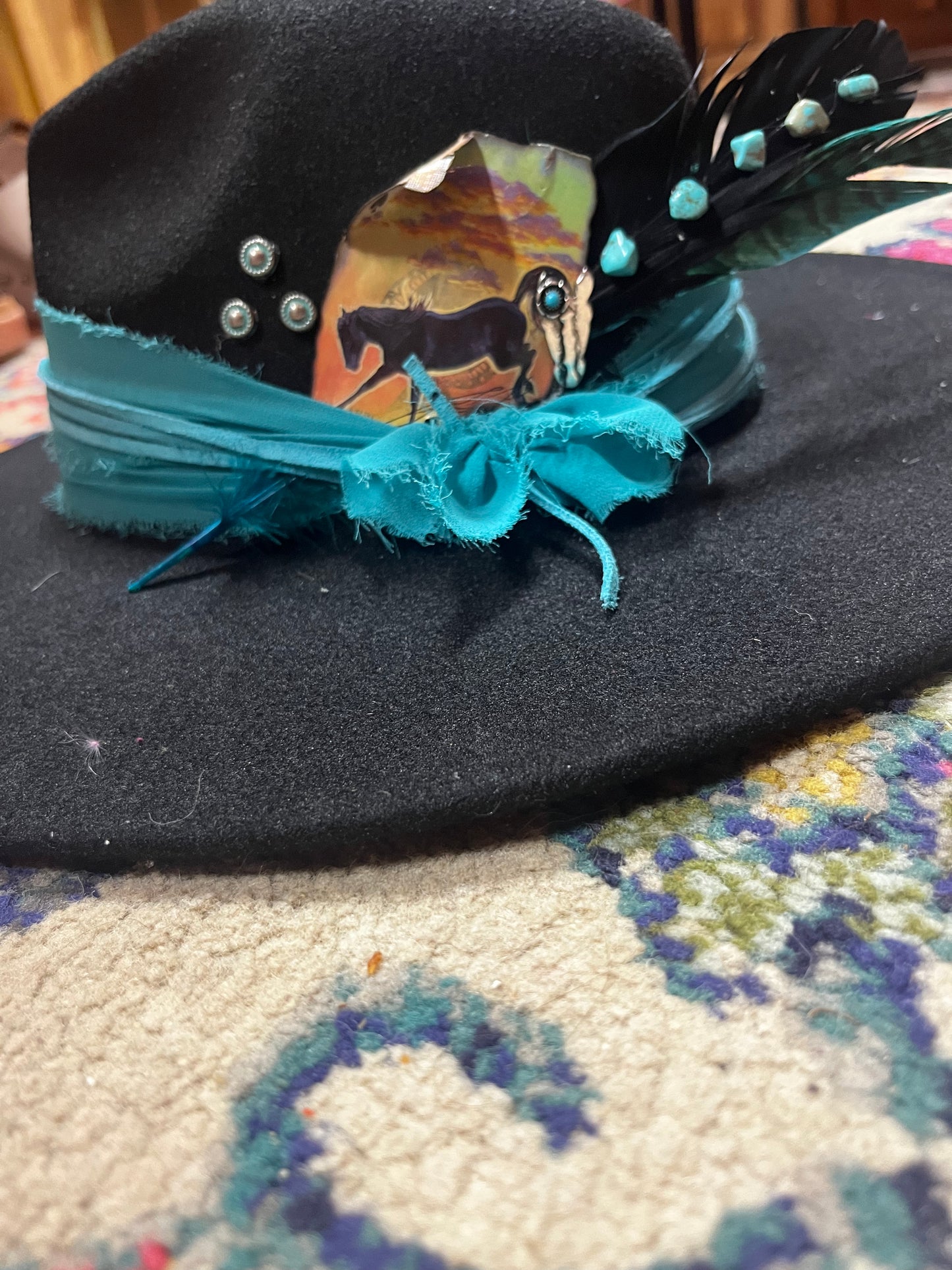 Black with teal horse handmade hat