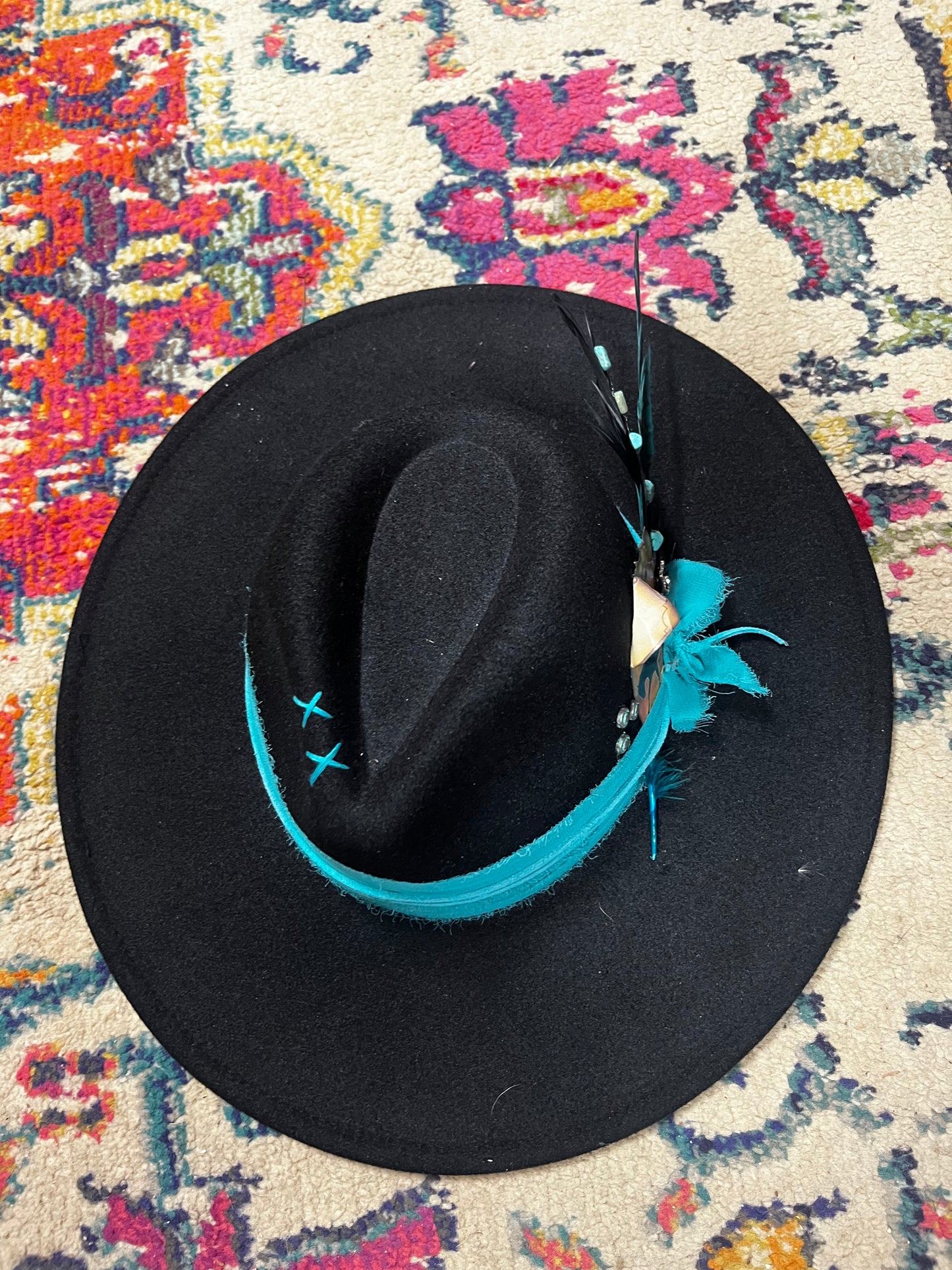 Black with teal horse handmade hat