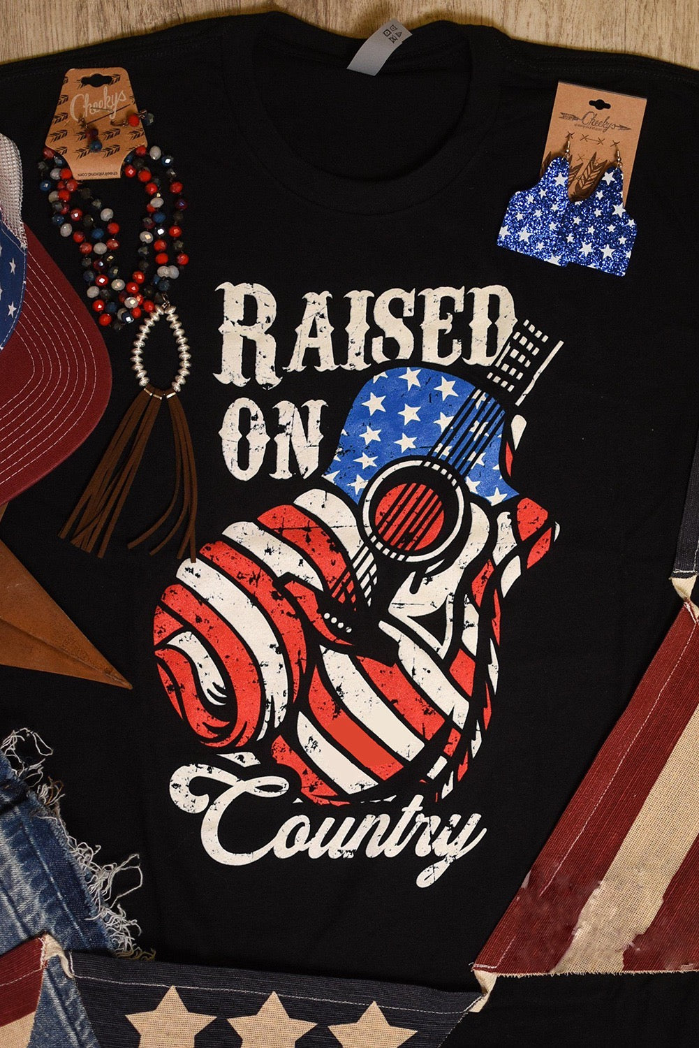 Black Raised On Country USA Flag Guitar Graphic Tees