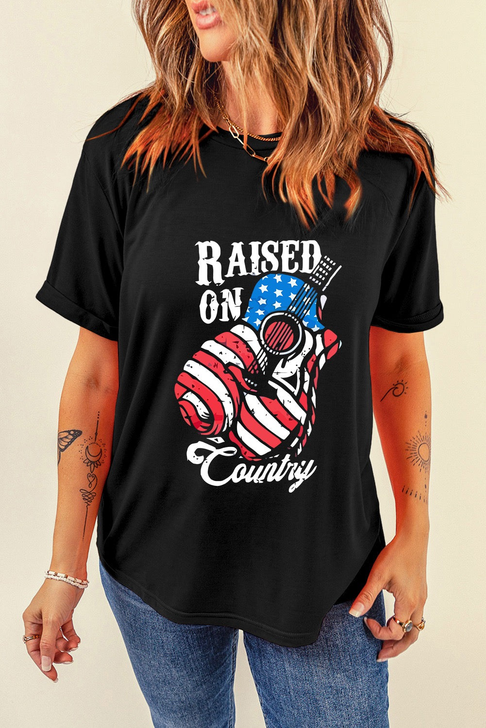 Black Raised On Country USA Flag Guitar Graphic Tees