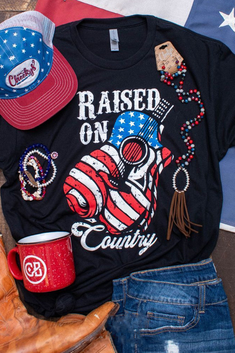 Black Raised On Country USA Flag Guitar Graphic Tees