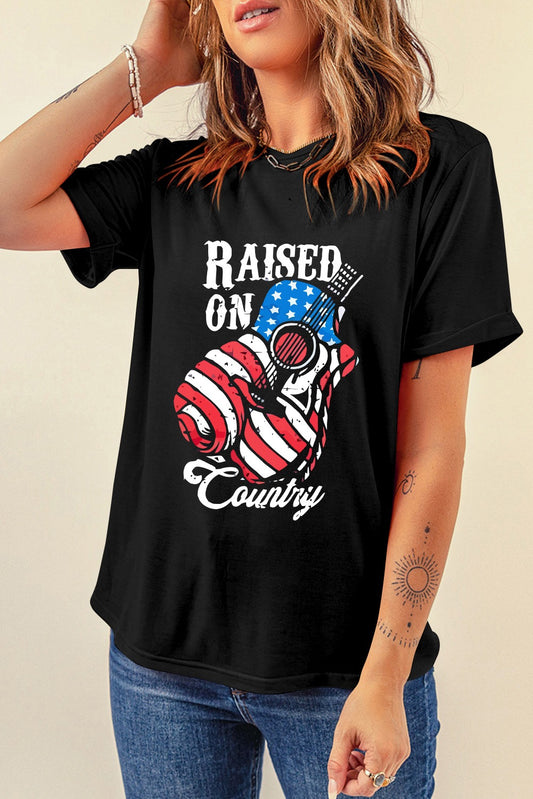 Black Raised On Country USA Flag Guitar Graphic Tees