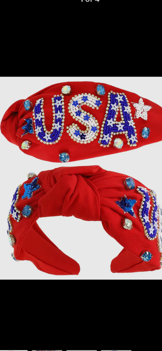 USA Patriotic Lettering Jeweled beaded headband