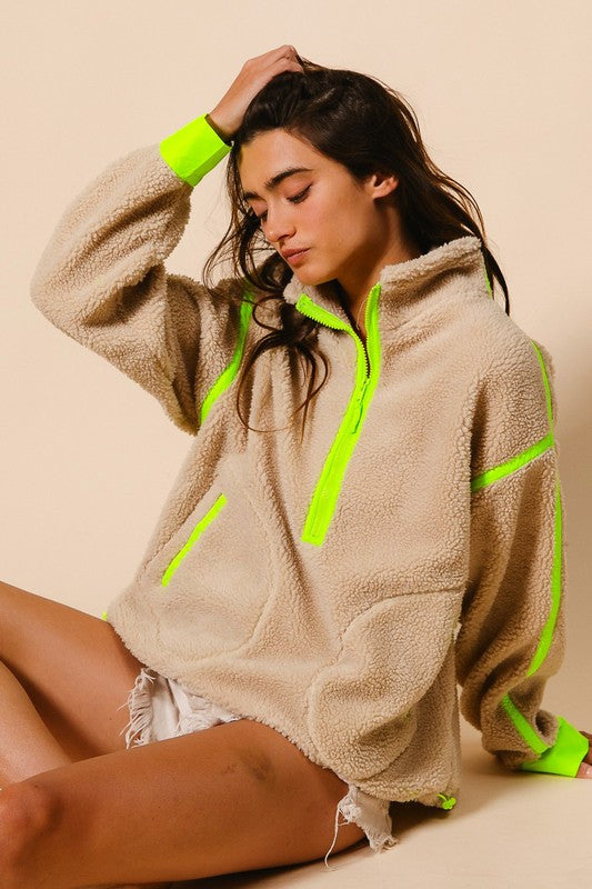 Oatmeal Contrast half zip up Sherpa jacket