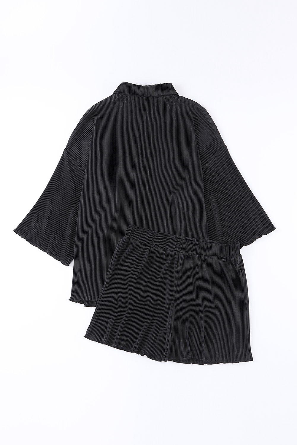 Black 3/4 Sleeves Pleated Shirt and High Waist Shorts Lounge Set