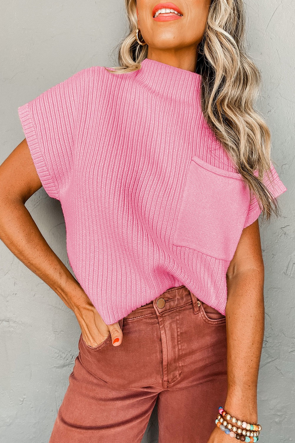 Pink Patch Pocket Ribbed Knit Short sleeve Sweater