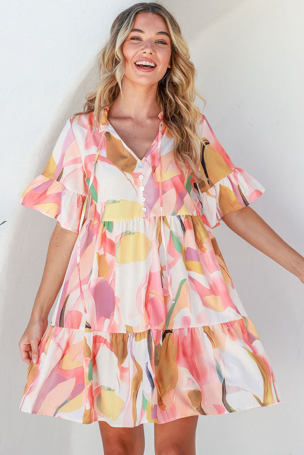 Pink Geometric Print Ruffled Short Sleeve Tied V-Neck Mini Dress