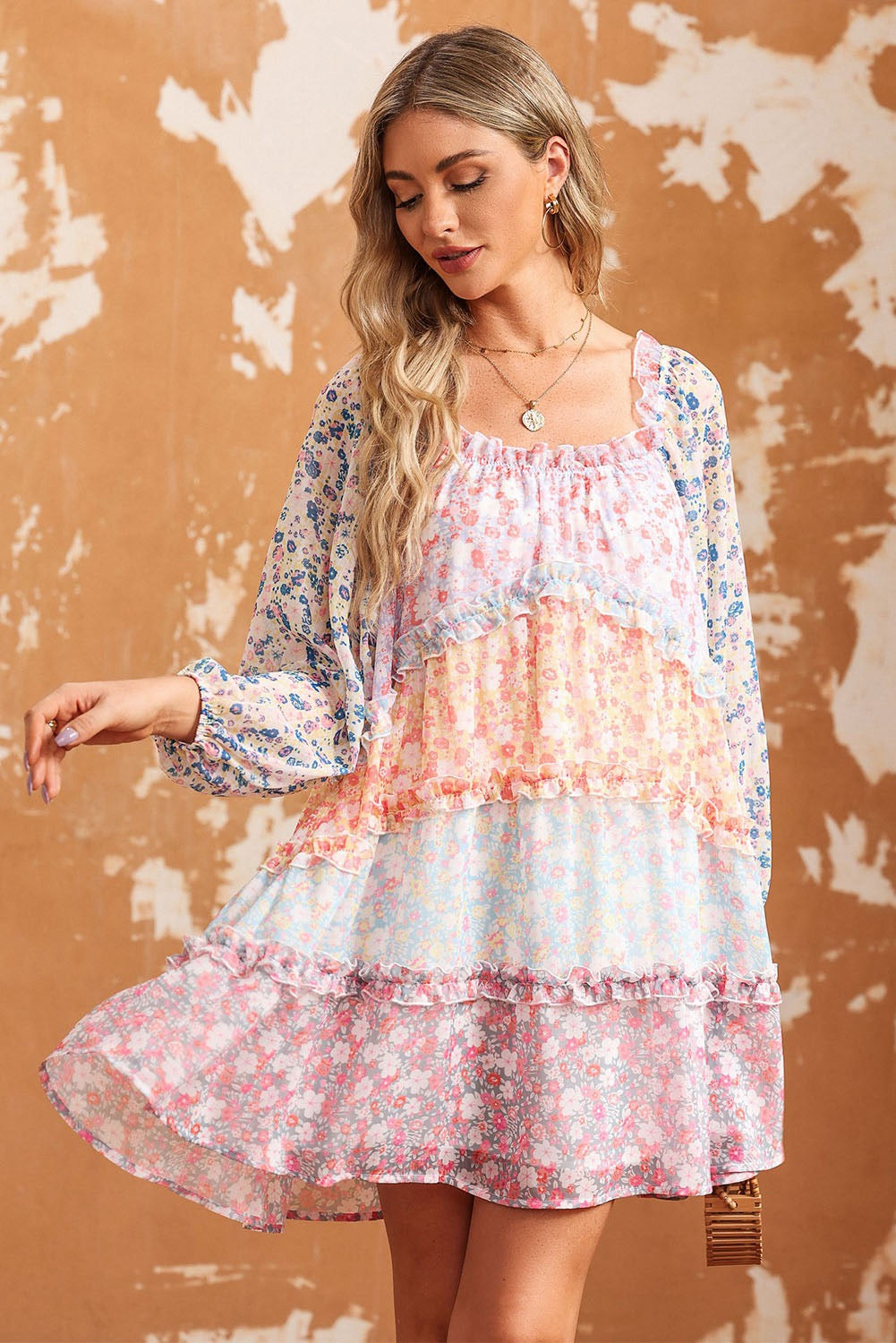 Sky Blue Floral color block Tiered Puff Sleeve Dress