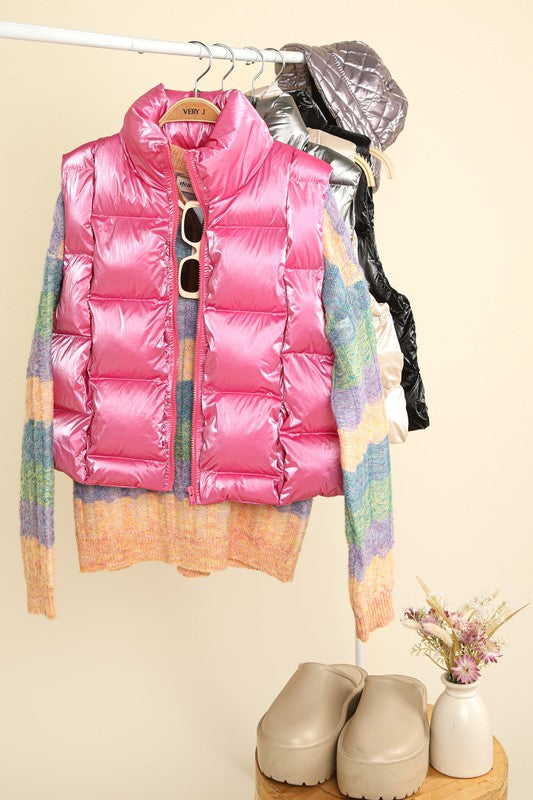 Pink Shiny metallic zip up puffer vest