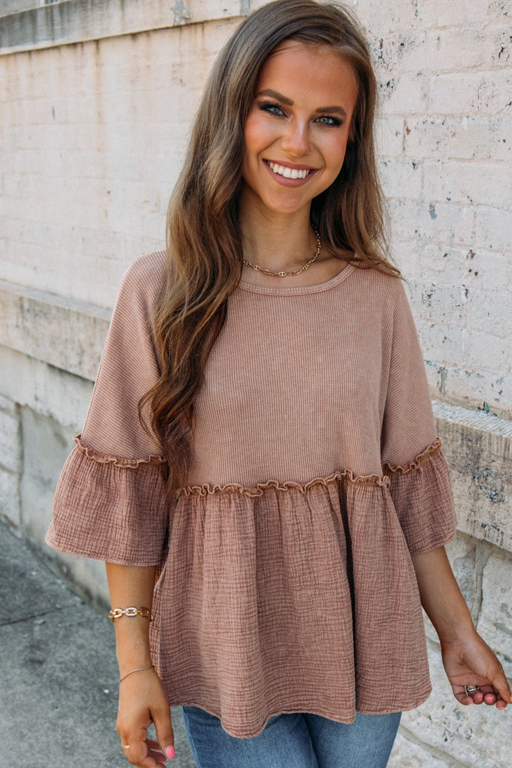 Khaki waffled 3/4 Ruffled Sleeve Textured Peplum Top