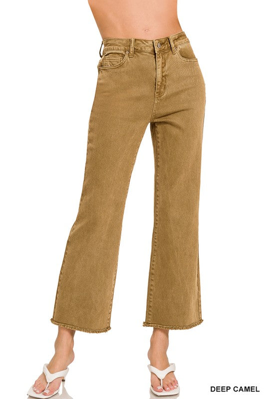 Deep Camel Acid Washed High Waist Frayed Hem Bootcut