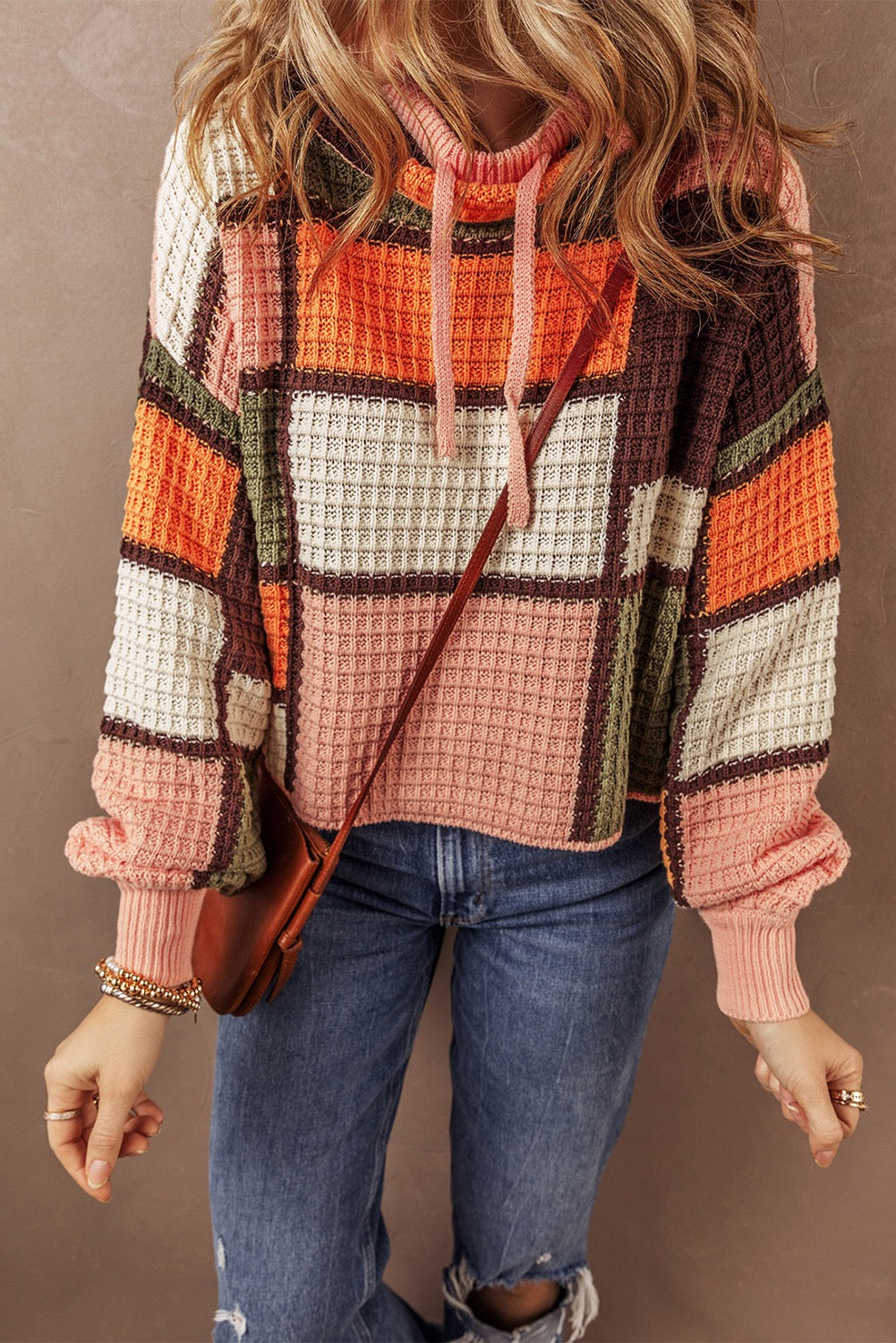 Orange Color block waffle knit drawstring Mock Neck Sweater