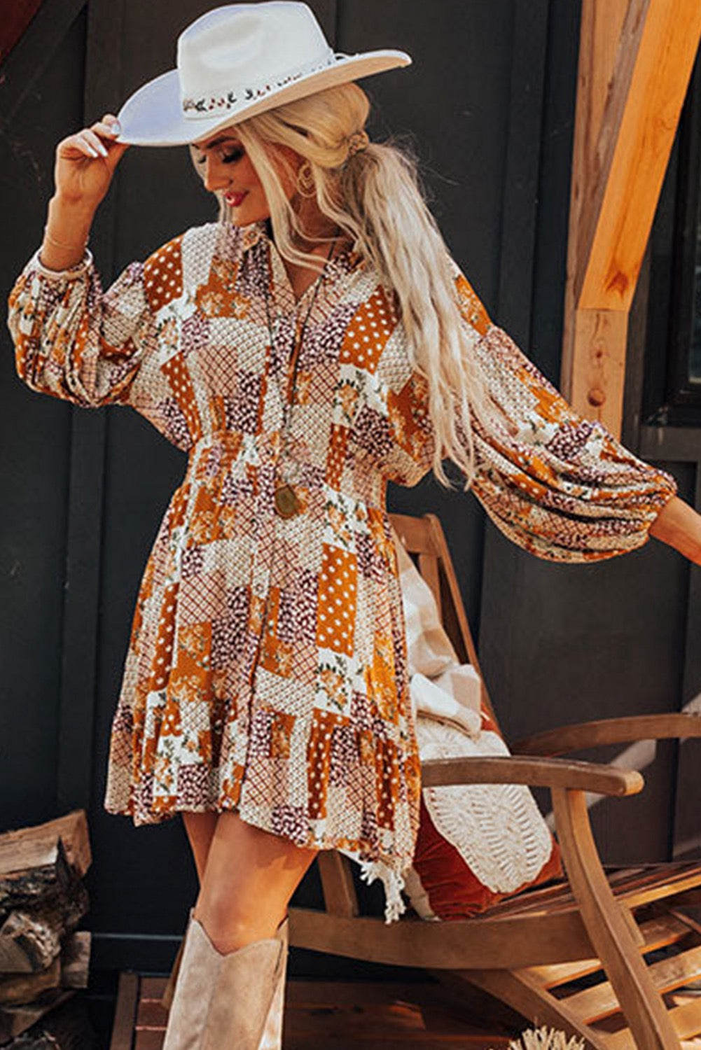 Orange Boho floral puff sleeve smocked waist mini shirt dress