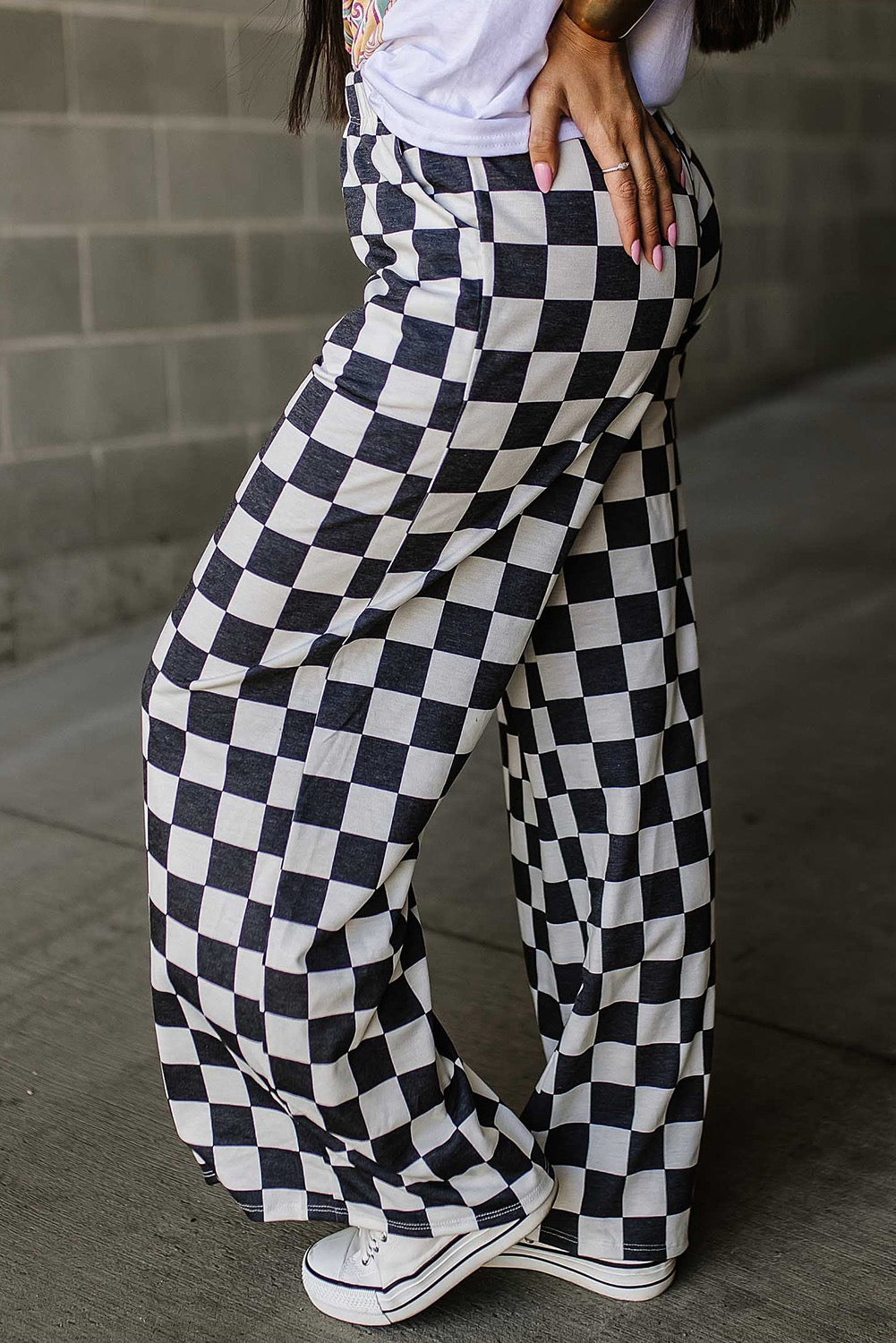 Black 2 tone checked print high waist wide leg pants