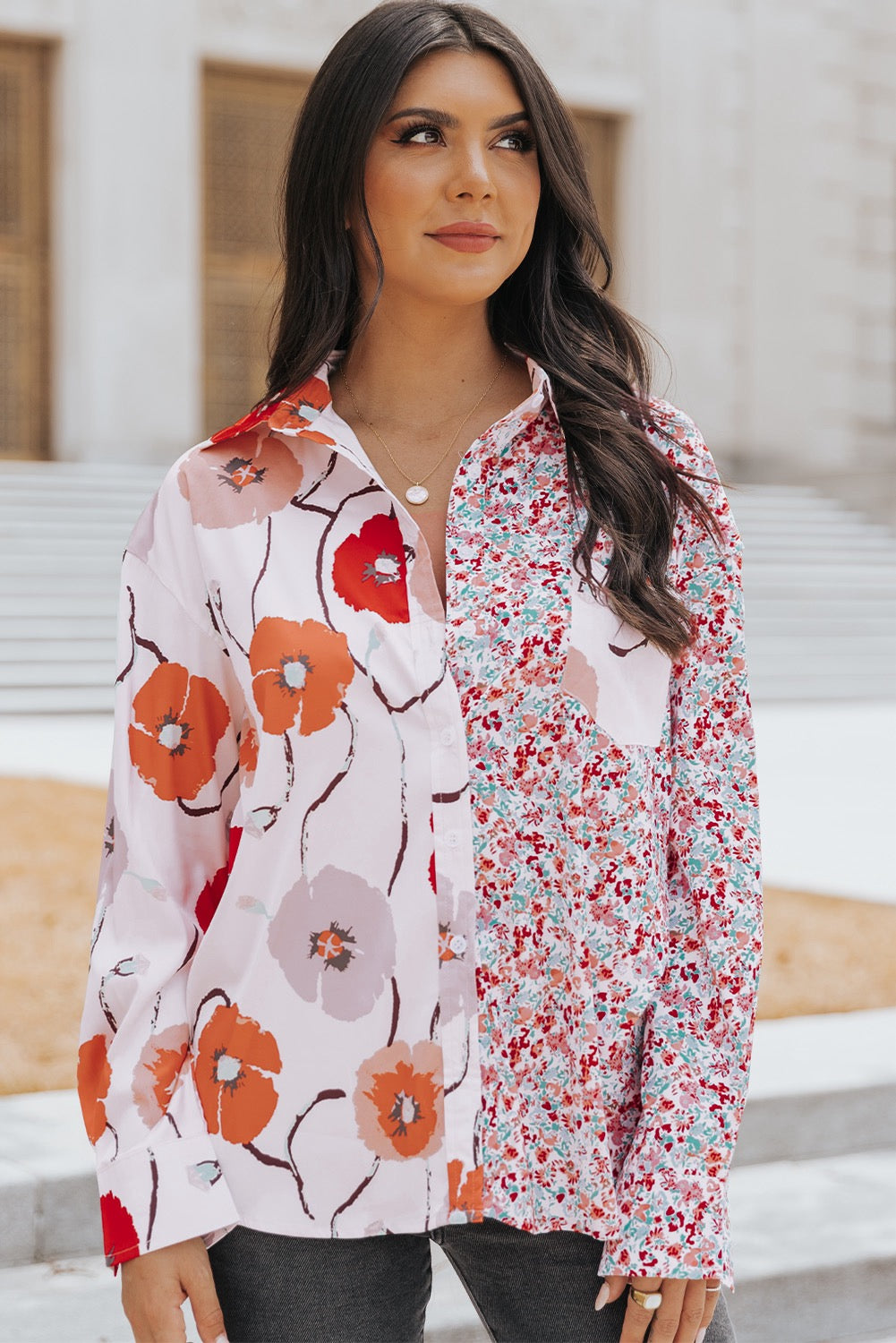 Fiery Red Floral Patchwork Buttoned Shirt with Pocket