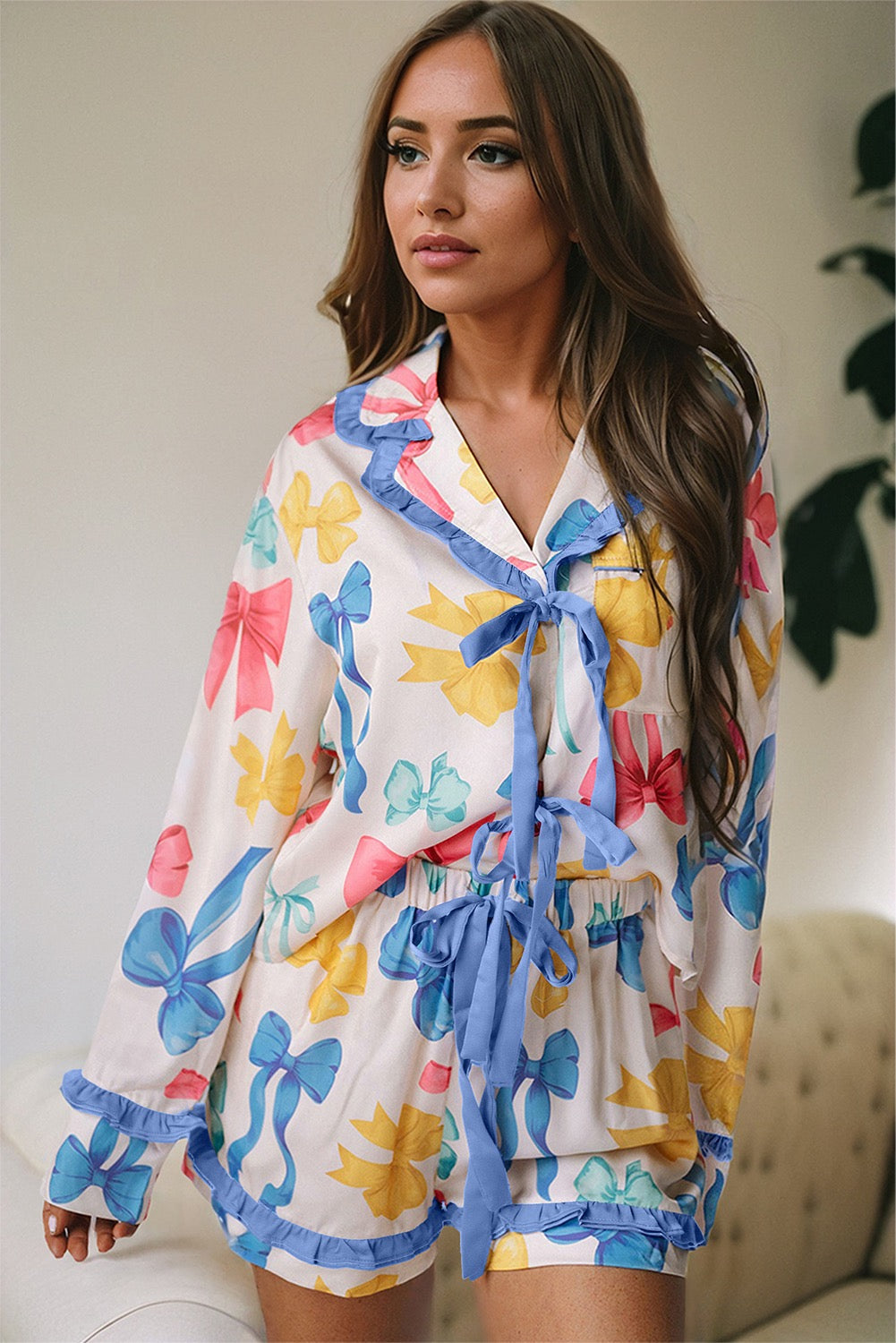 Sky blue Bow Print Tied Ruffled Pajama set