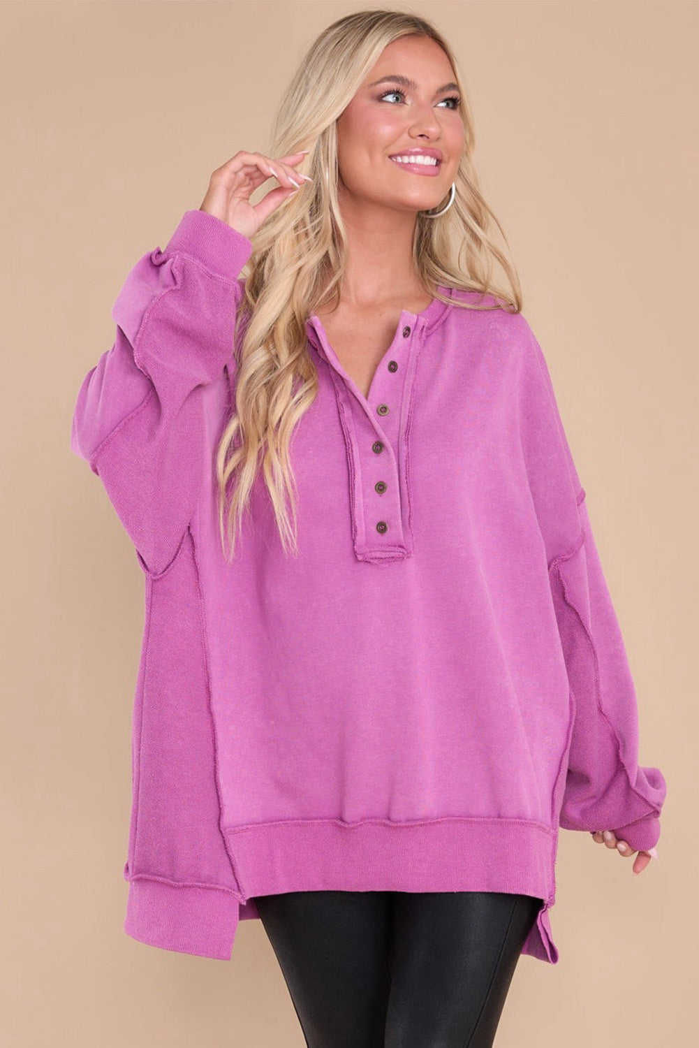 Purple oversized Exposed Seam Henley Sweatshirt