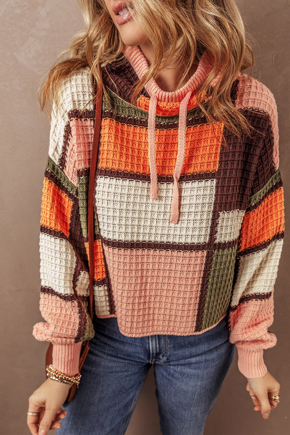 Orange Color block waffle knit drawstring Mock Neck Sweater