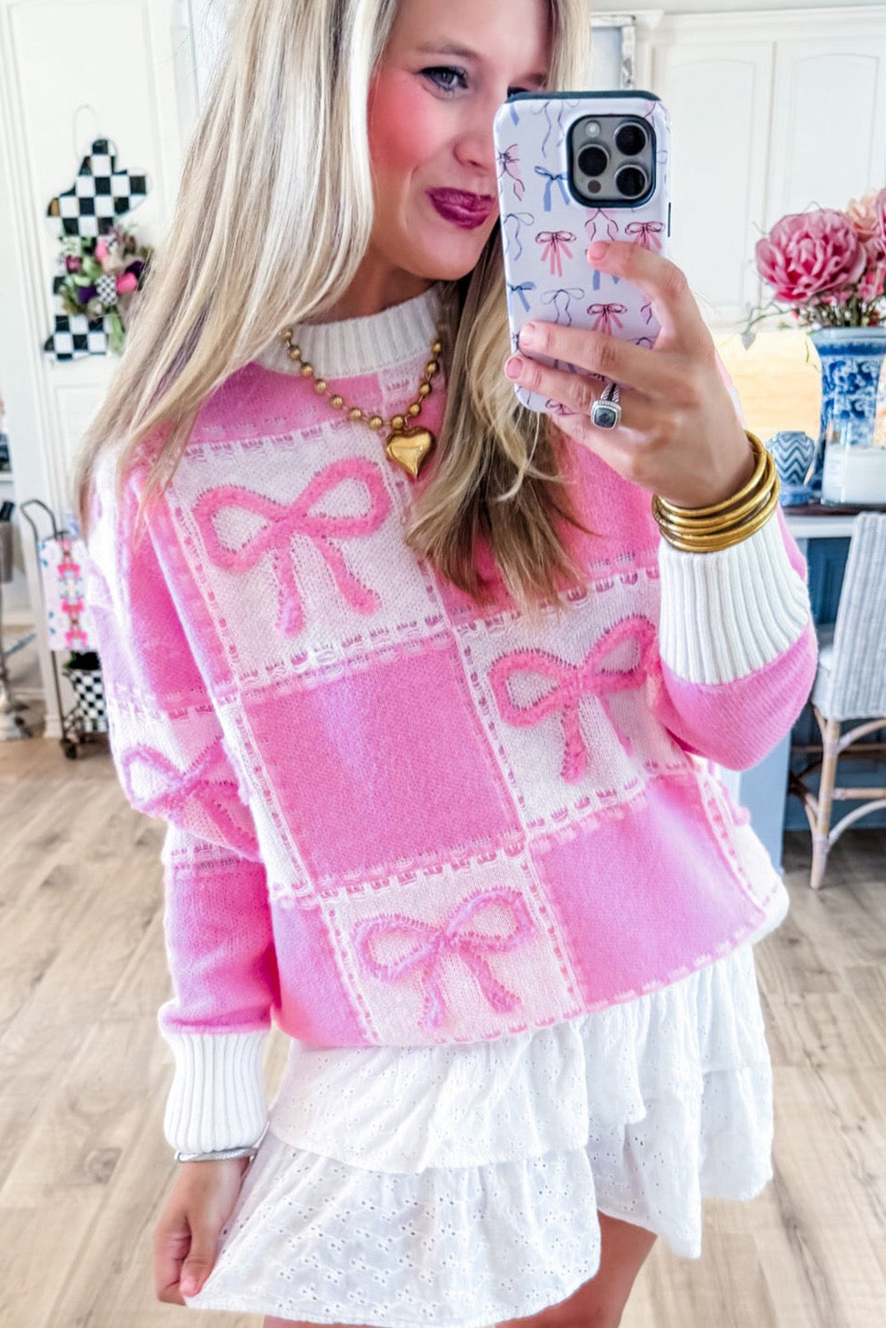 Pink bow knot Two tone checkered sweater