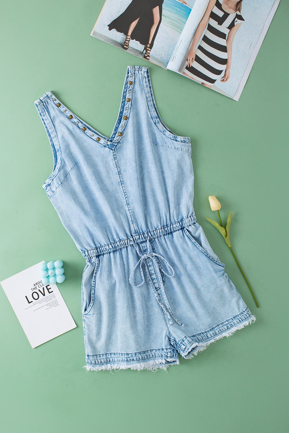 Beau Blue Studded V Neck Raw Hem Sleeveless Denim Romper