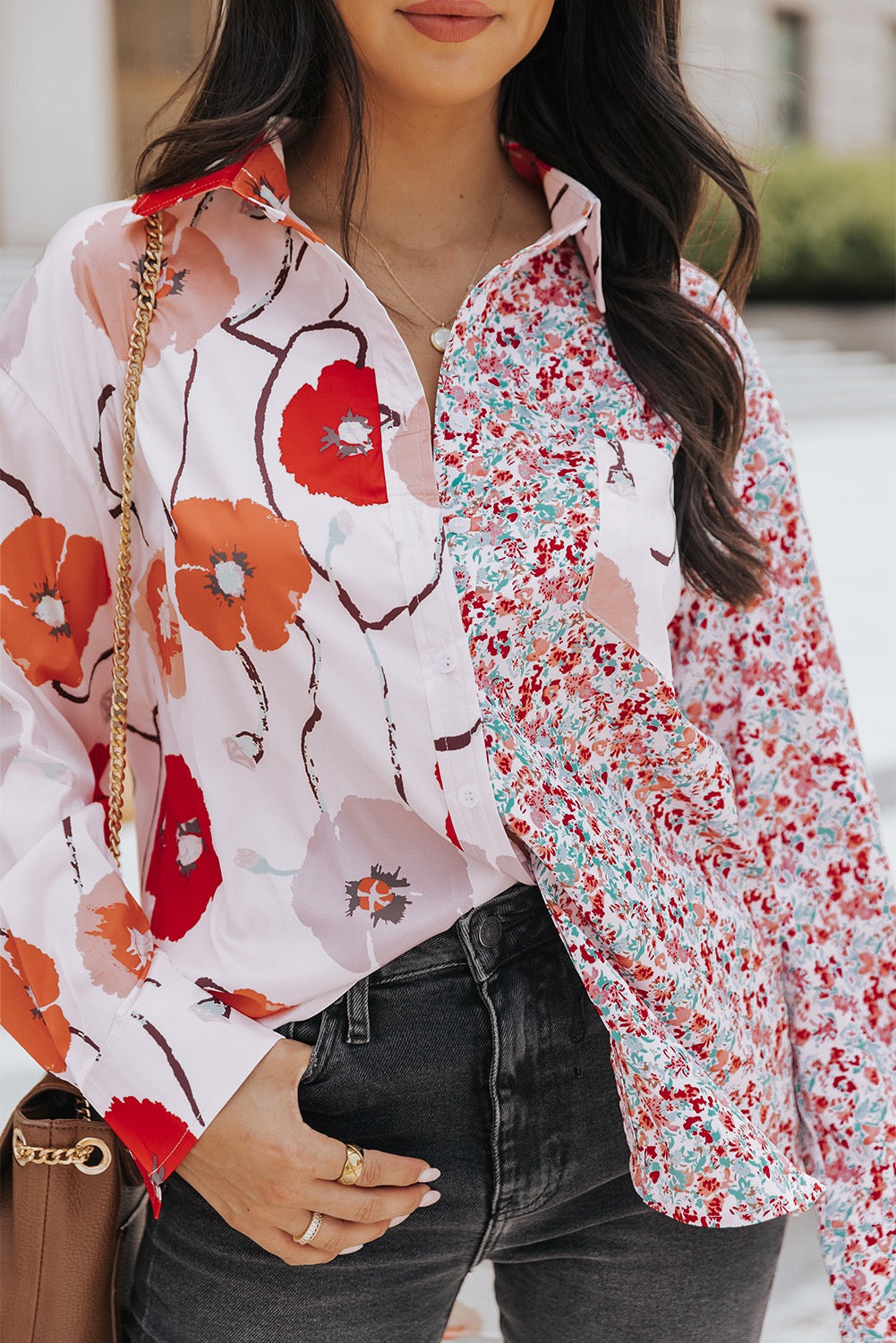 Fiery Red Floral Patchwork Buttoned Shirt with Pocket