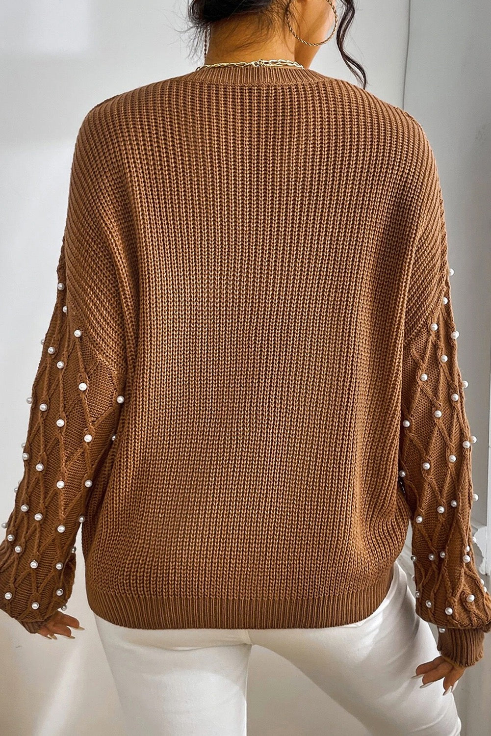 Chestnut Beaded Drop Shoulder round neck sweater