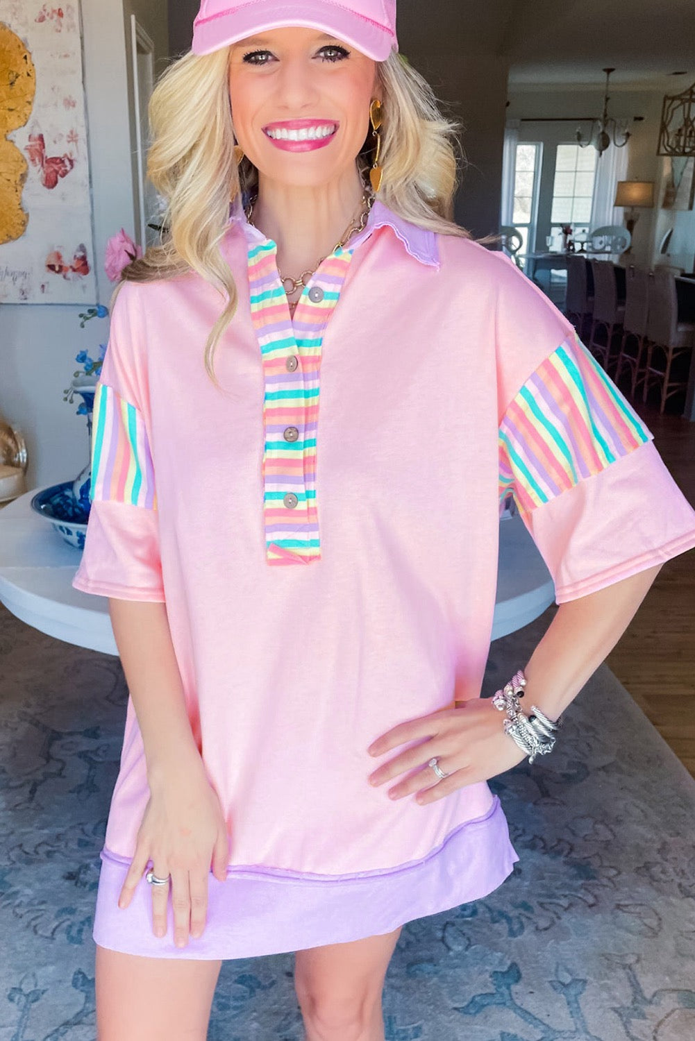 Pink Rainbow Stripe Half Sleeve Buttoned T Shirt Dress