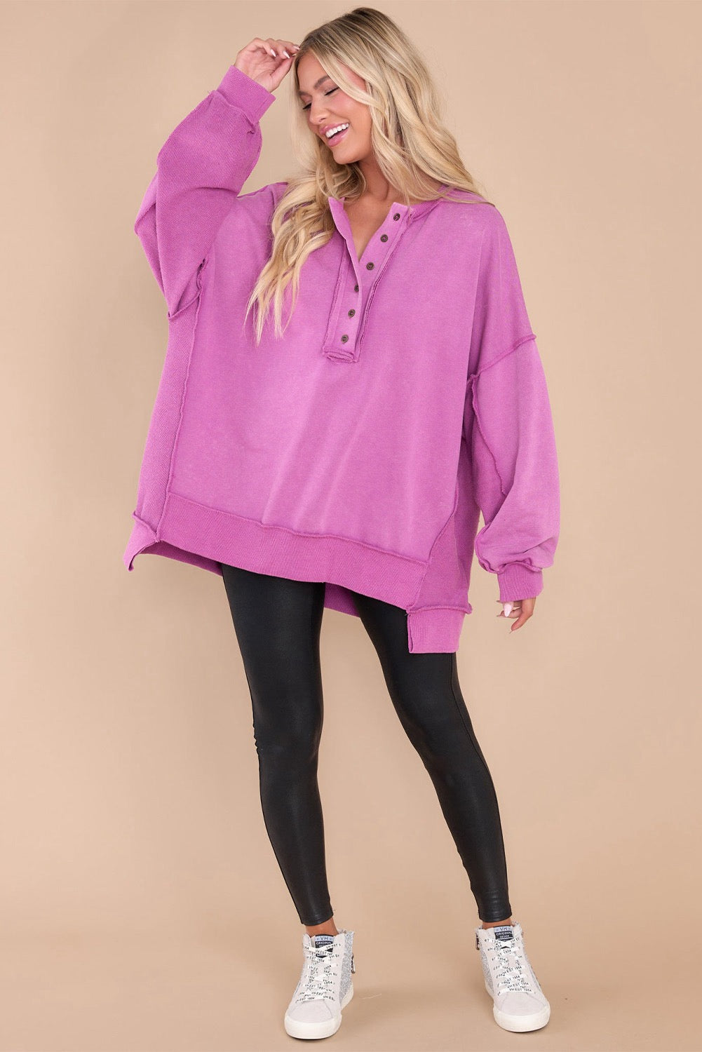 Purple oversized Exposed Seam Henley Sweatshirt