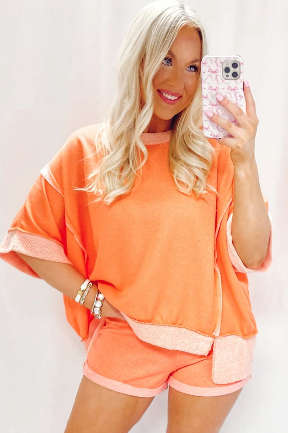 Grapefruit Orange Colorblock half sleeve top and short set