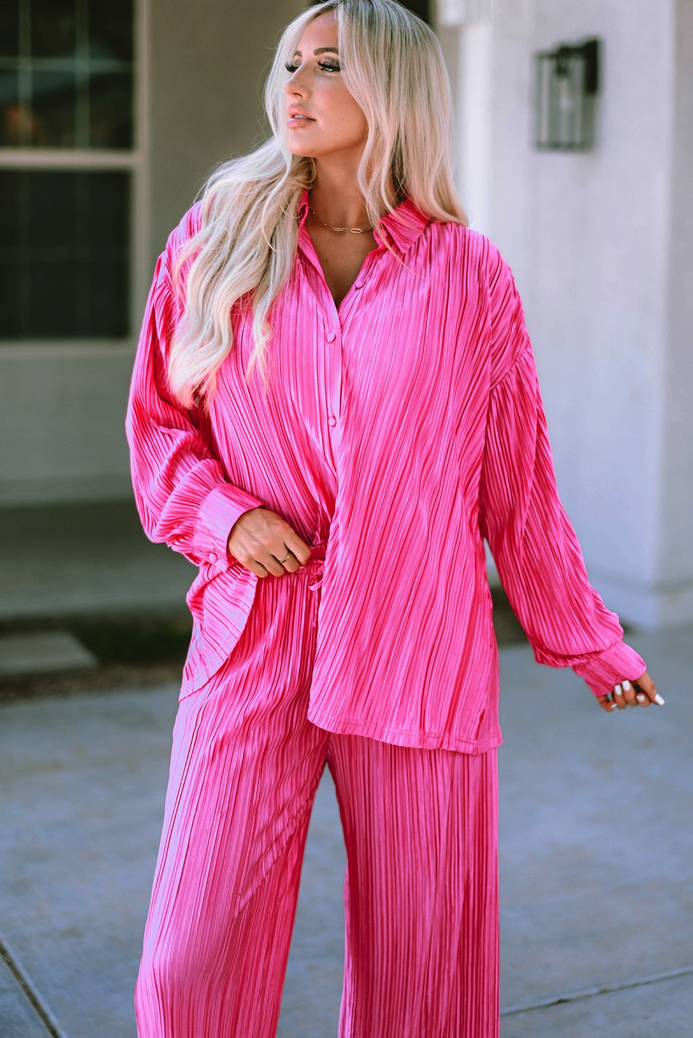 Rose pleated long sleeve shirt and wide leg pants set