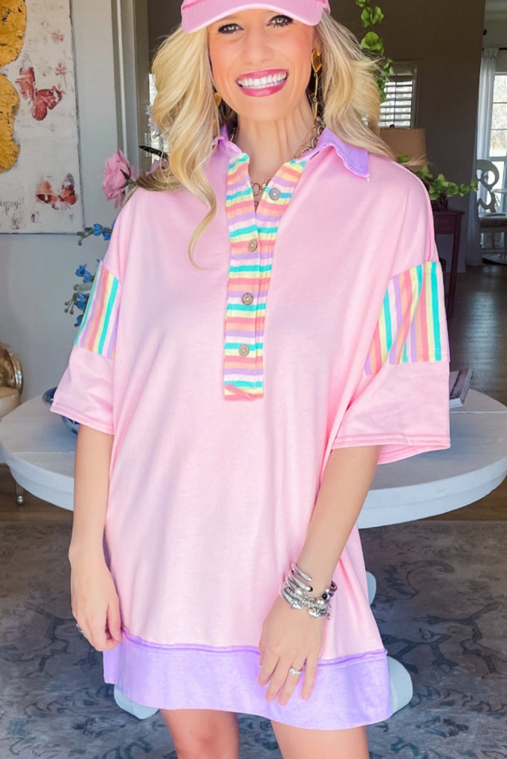 Pink Rainbow Stripe Half Sleeve Buttoned T Shirt Dress