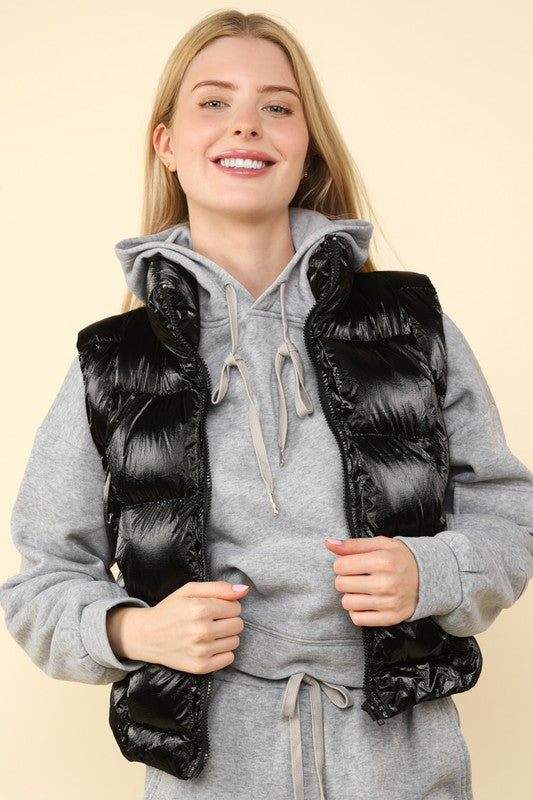 Black metallic zip up puffer vest