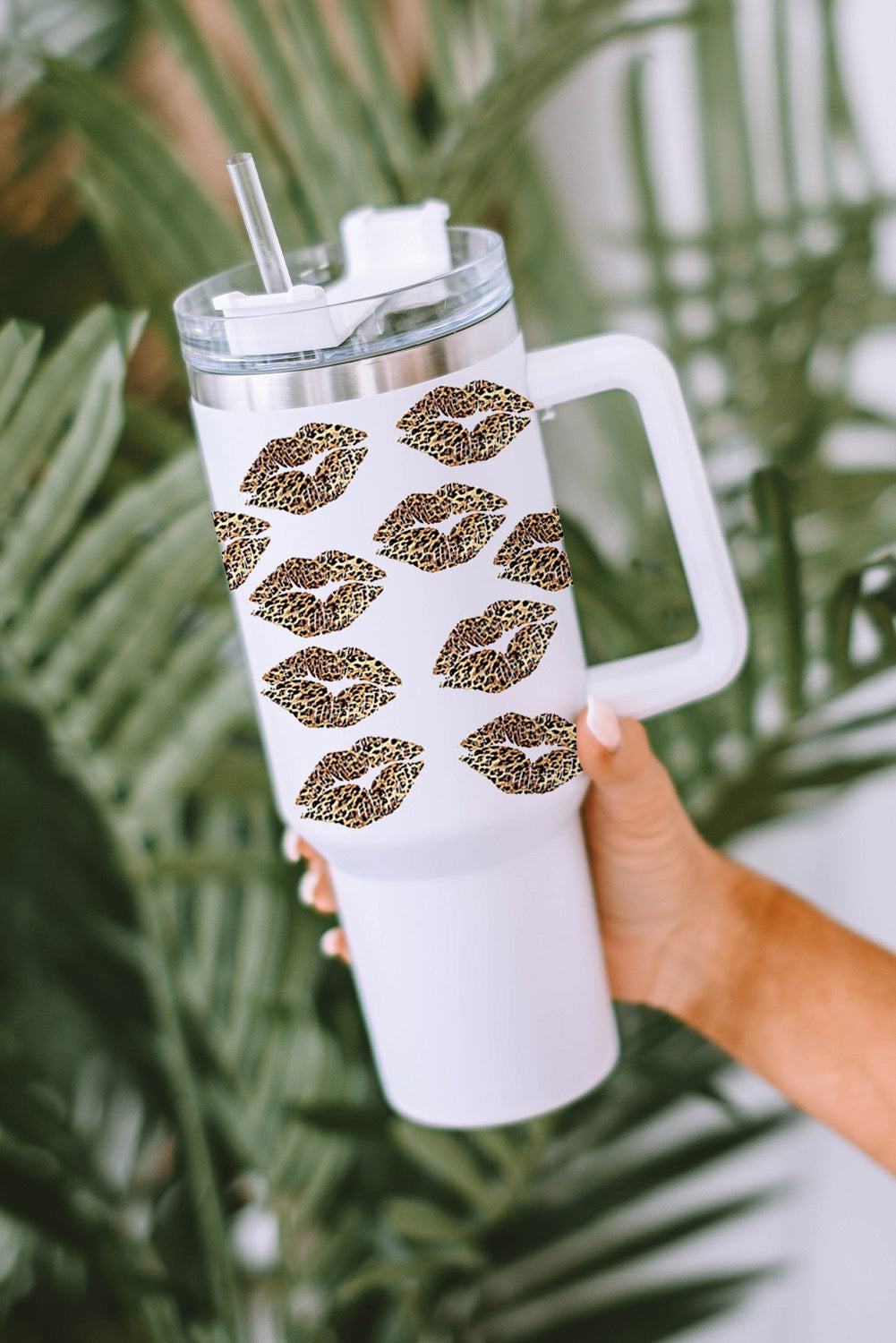 White Leopard Lips Print Thermos cup with straw 1200ml