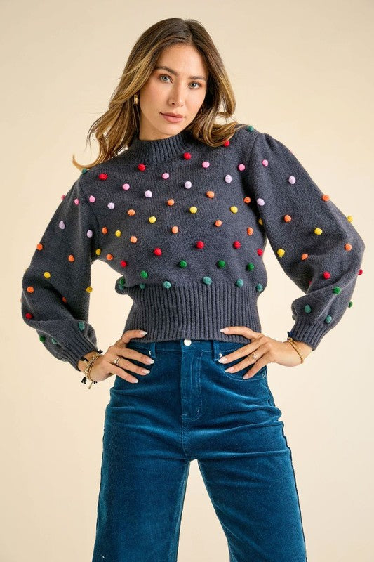 Multicolor PomPom mock neck sweater