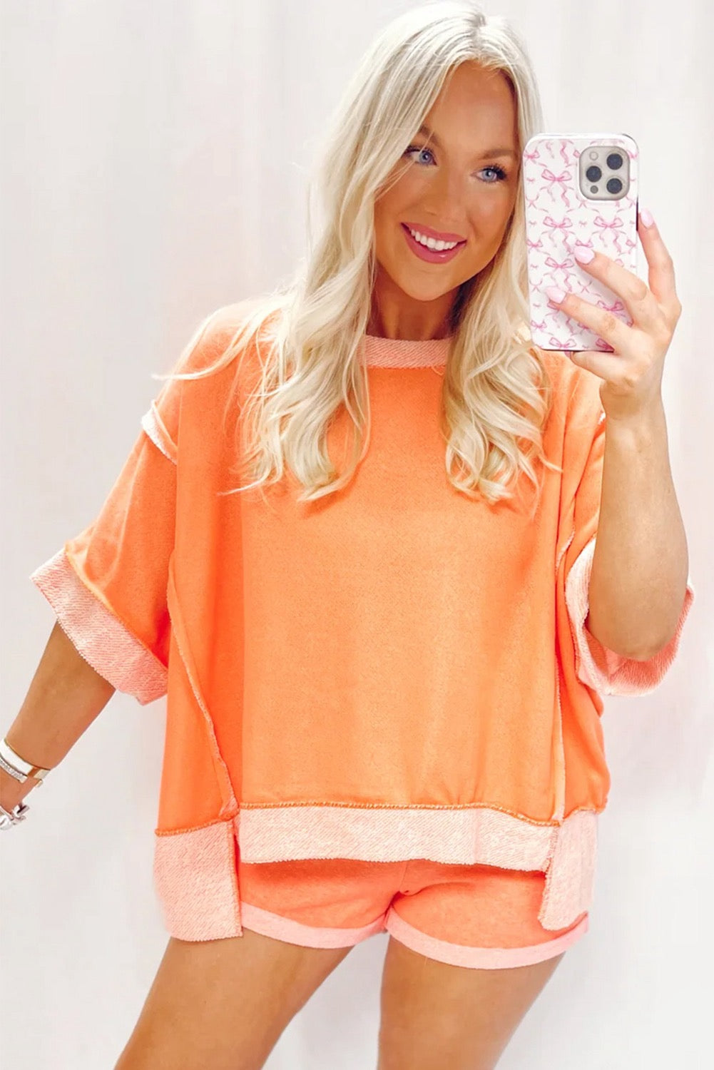 Grapefruit Orange Colorblock half sleeve top and short set