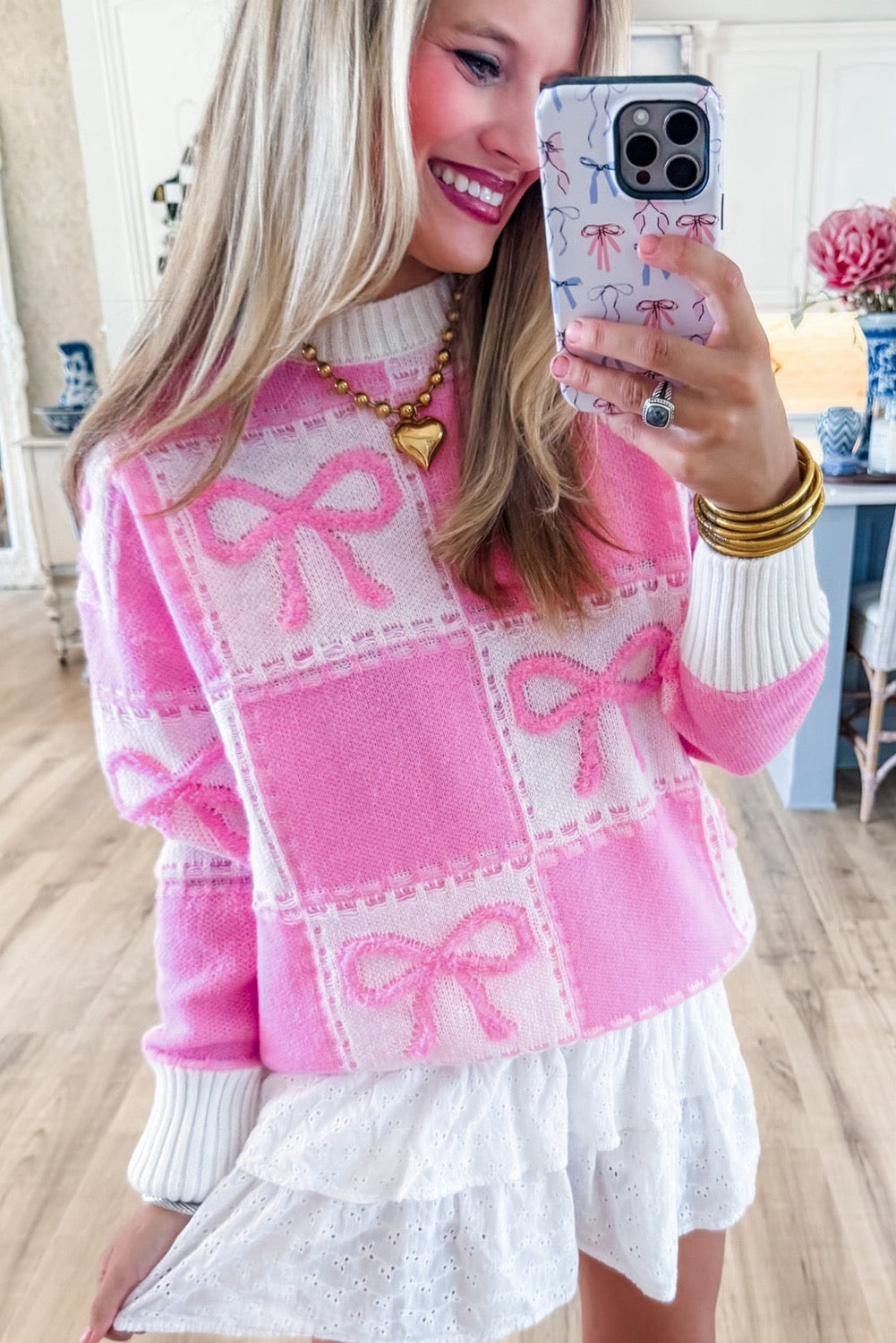 Pink bow knot Two tone checkered sweater