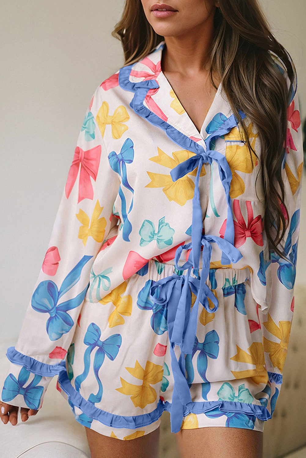 Sky blue Bow Print Tied Ruffled Pajama set