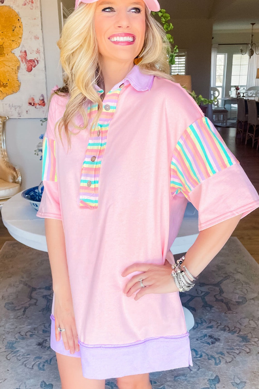 Pink Rainbow Stripe Half Sleeve Buttoned T Shirt Dress