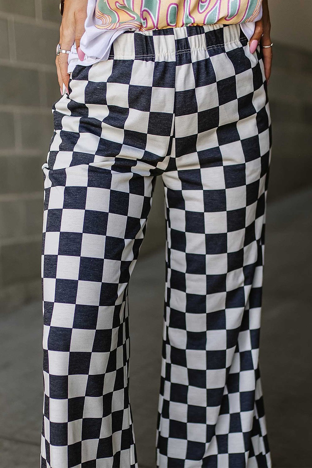 Black 2 tone checked print high waist wide leg pants