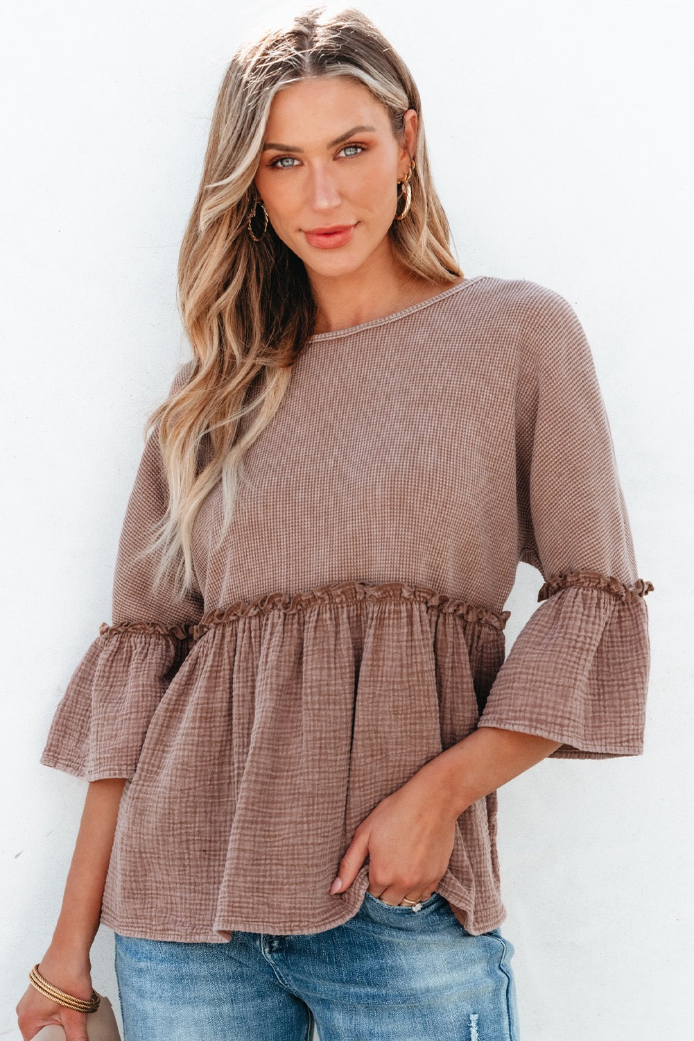 Khaki waffled 3/4 Ruffled Sleeve Textured Peplum Top