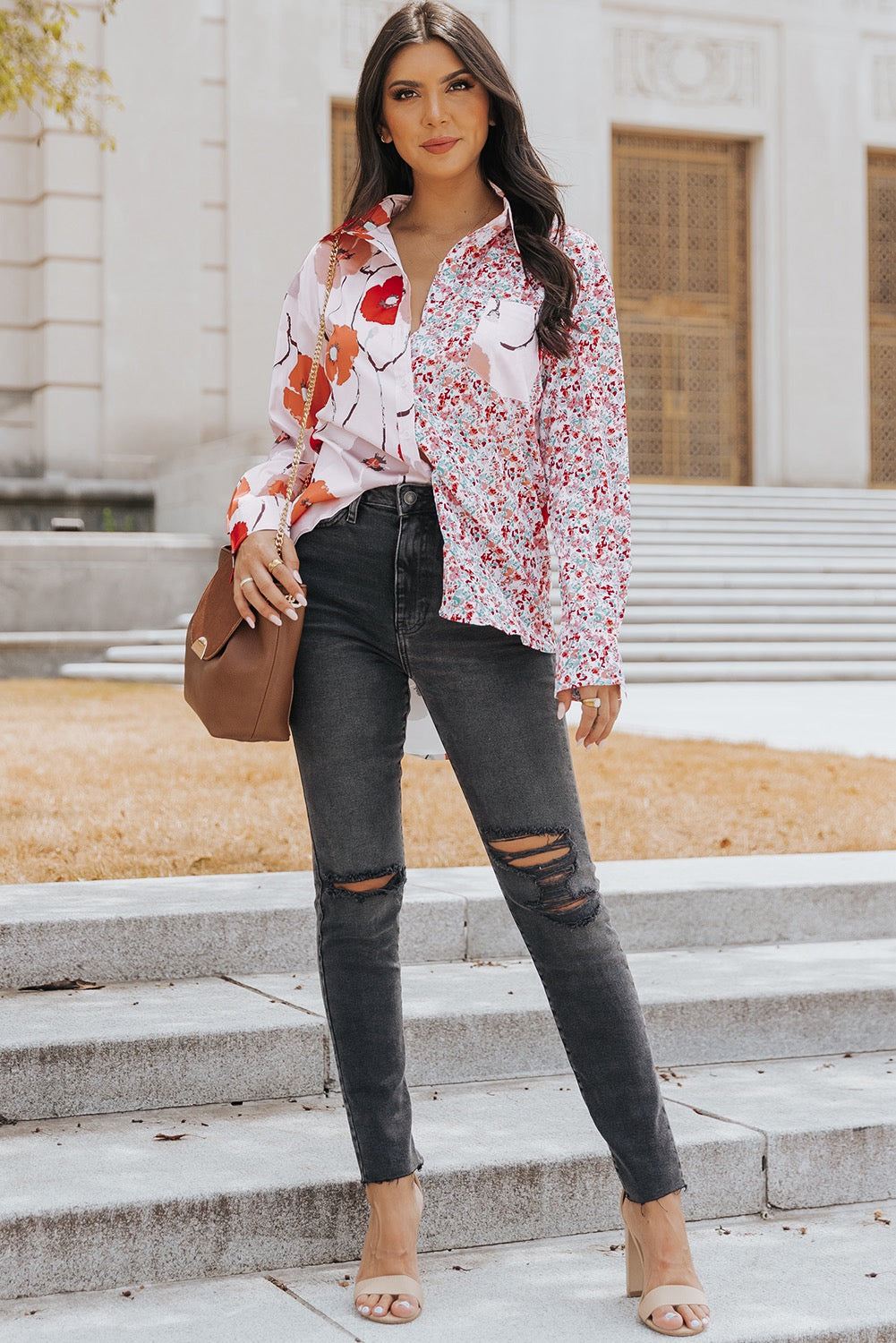 Fiery Red Floral Patchwork Buttoned Shirt with Pocket