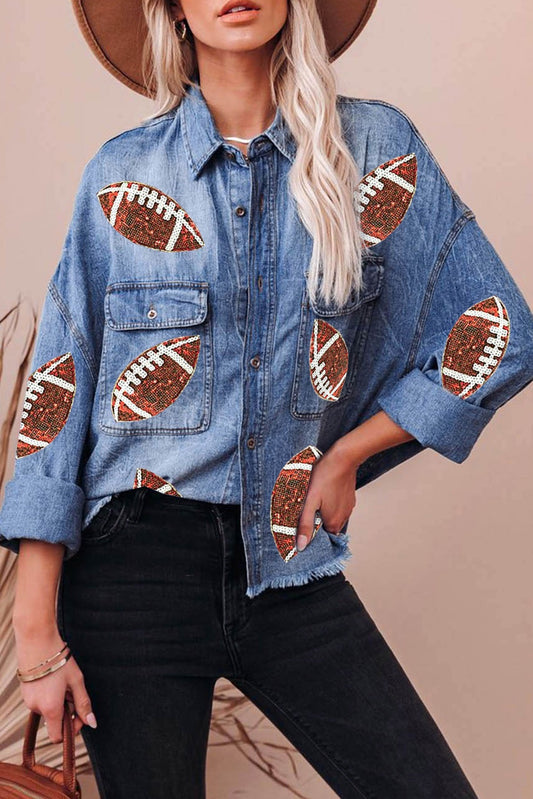 Sky Blue Sequin football GRaphic flap pockets