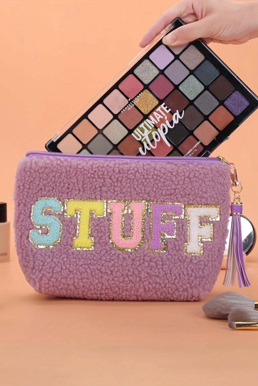 Sparkle Letter Pattern Tassel Zipper Makeup Bag