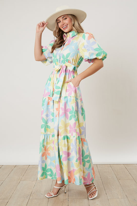 Poplin Floral Print Puff Sleeve Dress