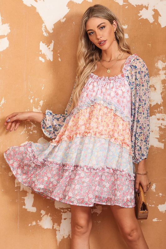 Sky Blue Floral color block Tiered Puff Sleeve Dress