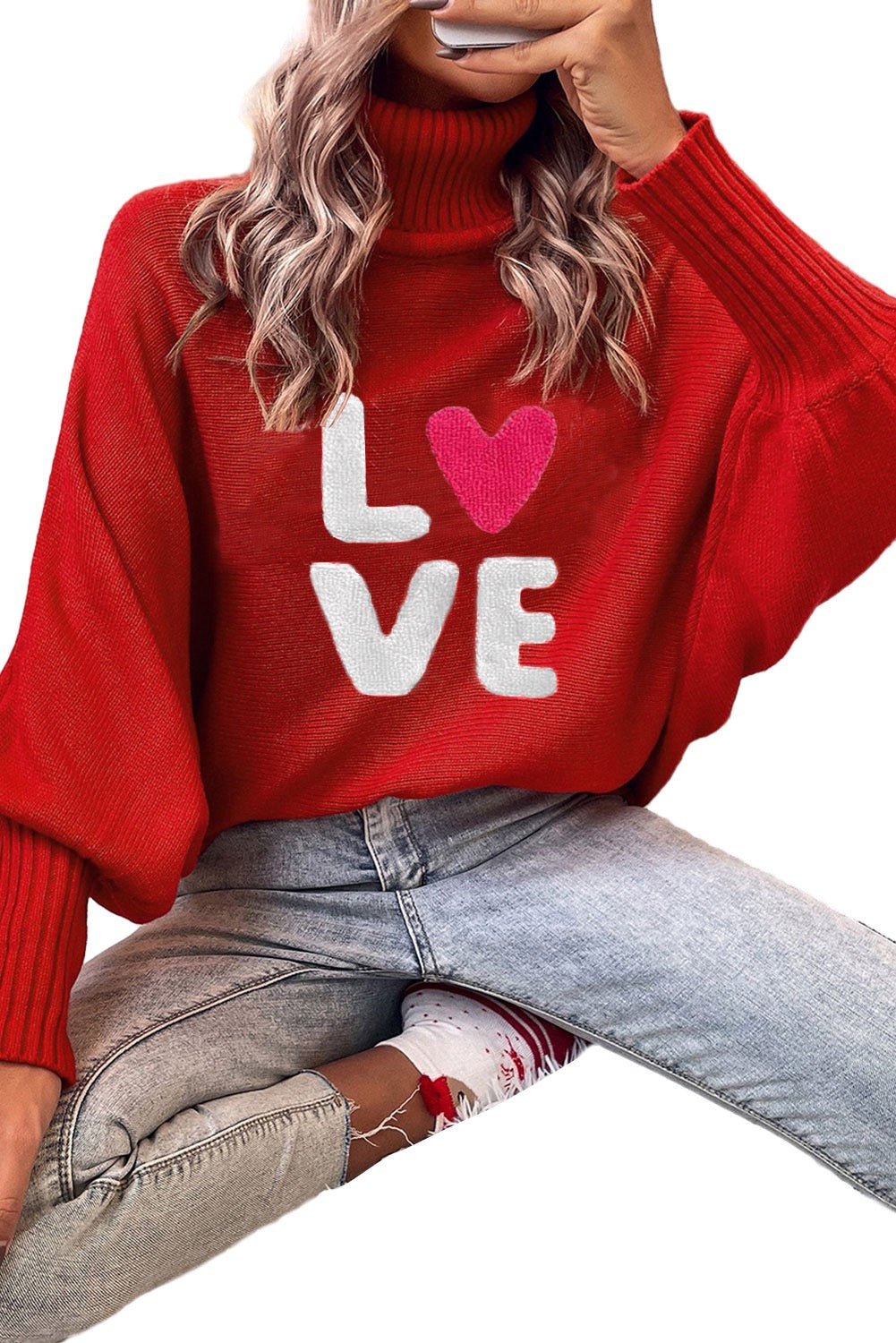 Racing Red Valentine LOVE Letter Embroidered High Neck Sweater