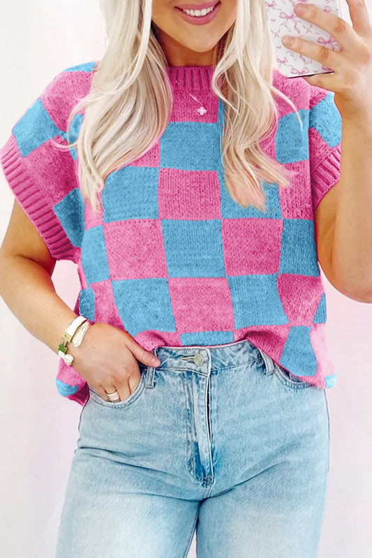 Satchet pink colorblock plaid pattern short sleeve sweater