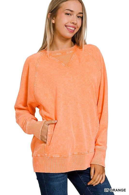 Lt orange Acid washed French terry pullover with pockets